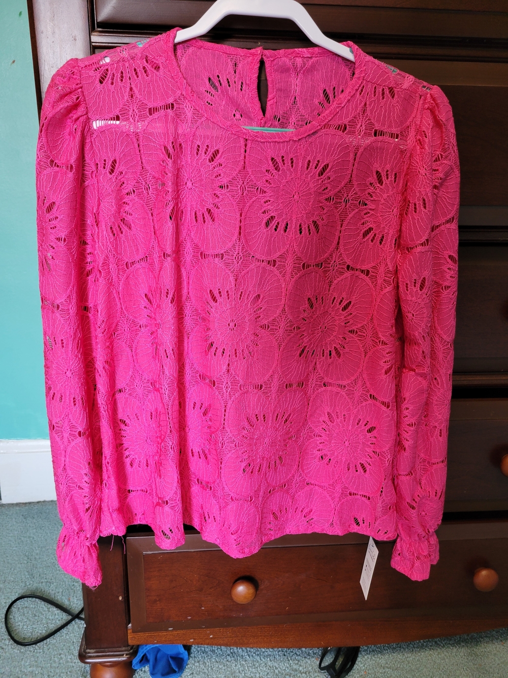 Pink Eyelet Lace Top with Puff Sleeves - Picture 3 of 4